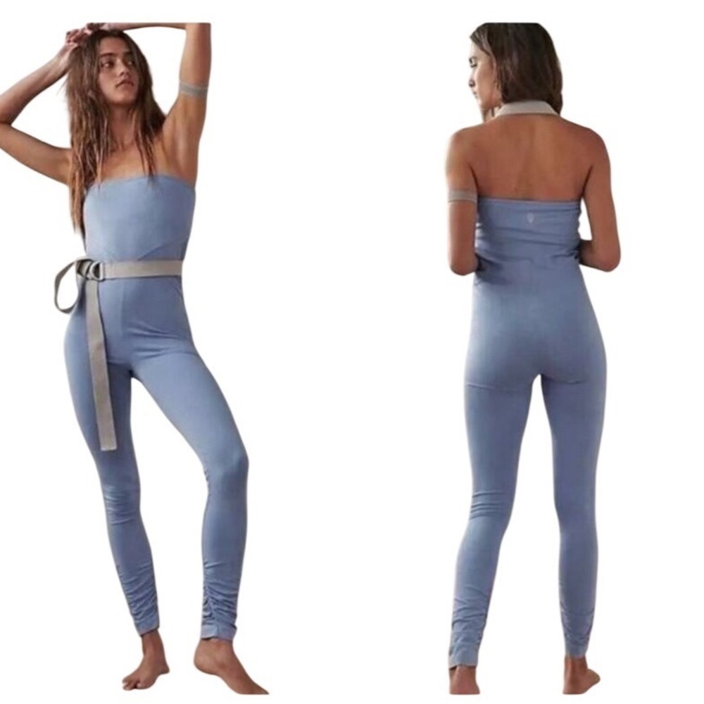 Free People Movement High Roller Strapless Jumpsuit Light Blue Ruched Large